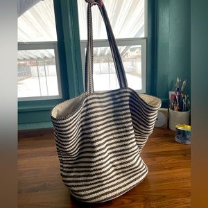 Woven striped overnight tote bag